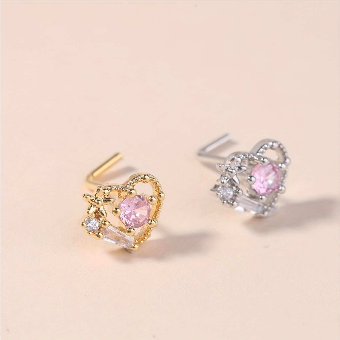 Women's Heart Pink CZ Nose Piercing Jewelry, Gift for Her